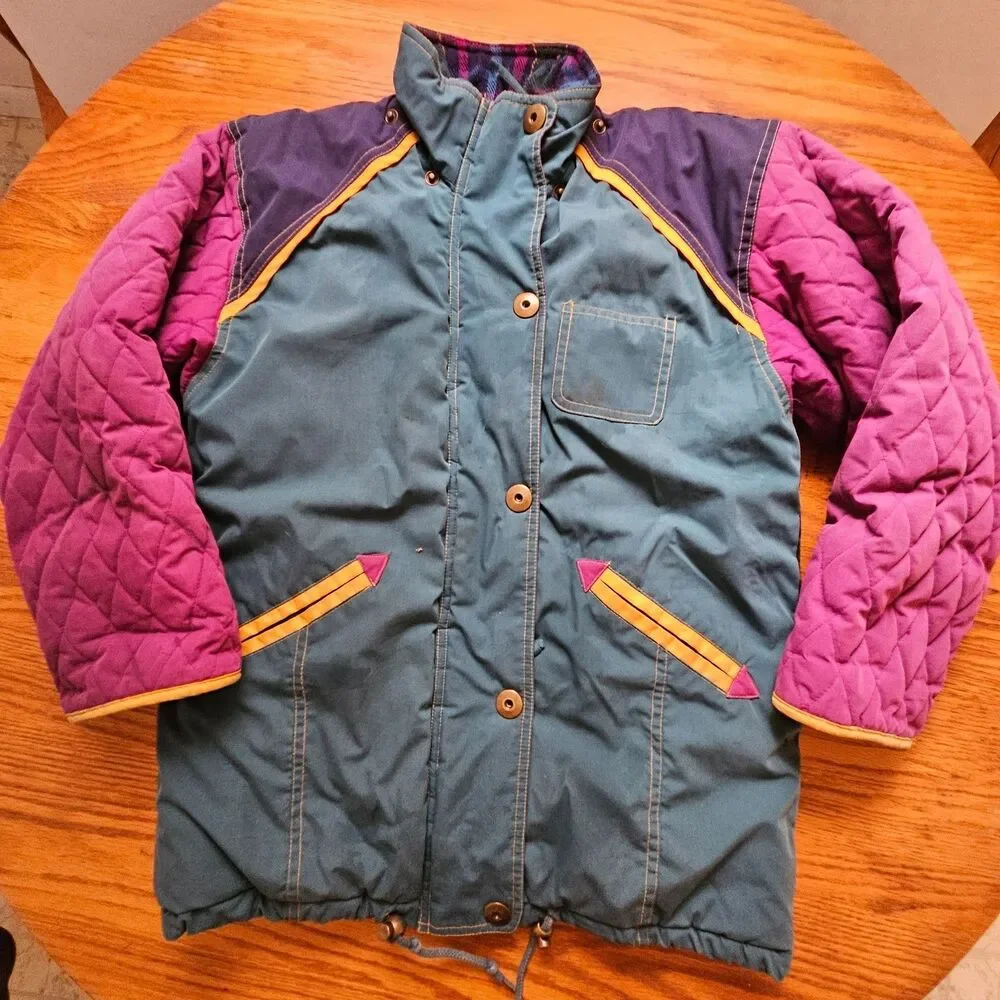Andy Johns Kids Coat Girls M 10-12 Teal Front Plaid Back Purple Quilted Sleeves
